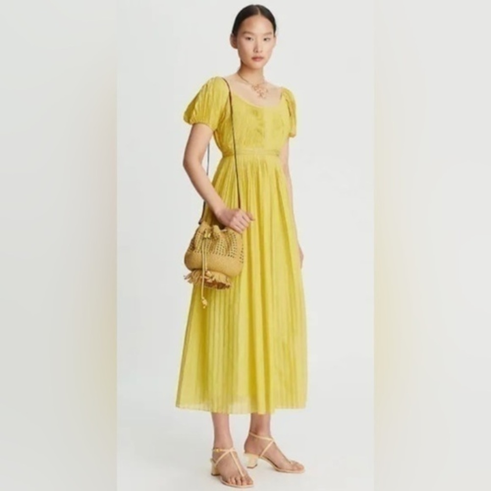 TORY BURCH Silk Blend Pleated Midi Yellow Belted Lightweight Summer Dress